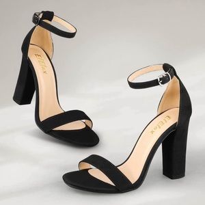 ElElax Heels Chunky Block High Womens Open Toe Sandals Two Strap Ankle Nude 4”